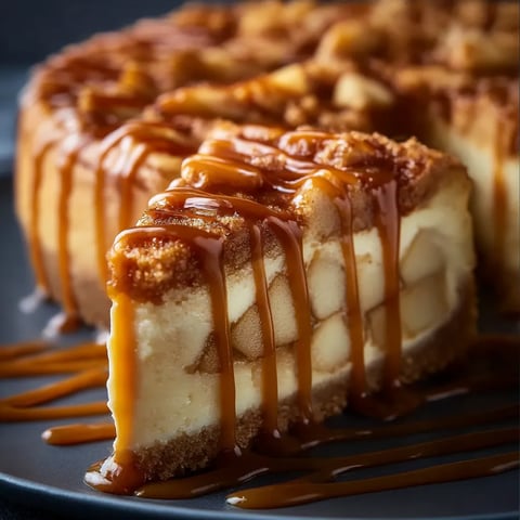 A slice of cheesecake with caramel drizzled on top.