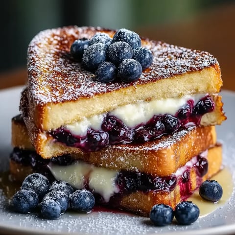 A stack of French toast with blueberries on top.