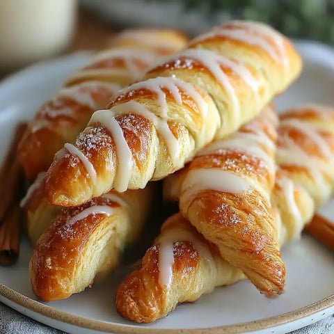 A plate of croissants with icing.