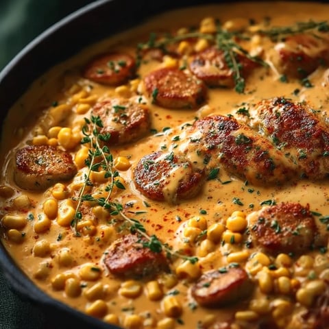 A bowl of food with chicken, corn, and herbs.