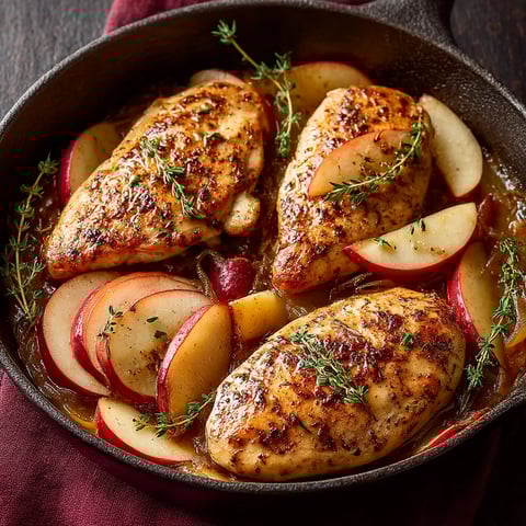 A pan of chicken with apples and herbs.