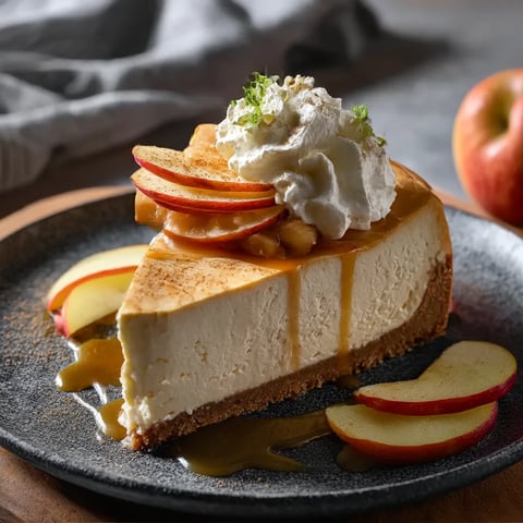 A slice of cheesecake with whipped cream and apple slices on top.