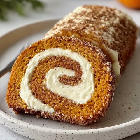 A roll of orange cake with white frosting.
