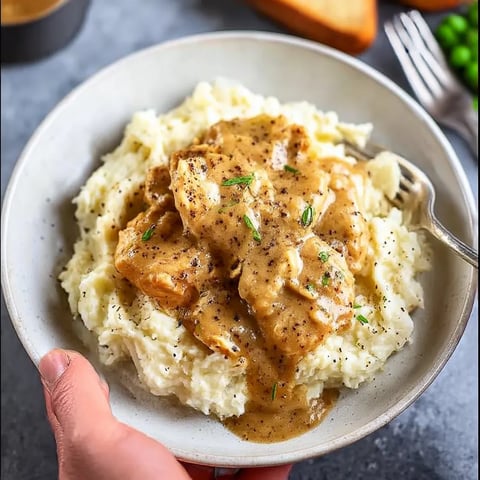 A plate of food with gravy and mashed potatoes.