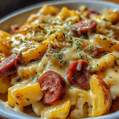 A bowl of pasta with sausage and cheese.