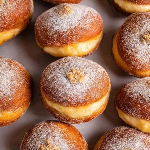 A pile of doughnuts with powdered sugar.