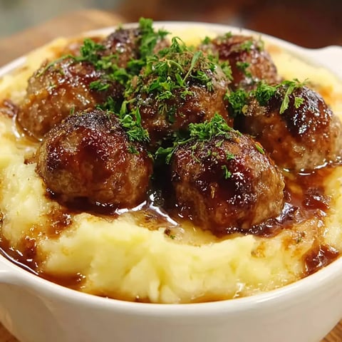 A bowl of food with meatballs and potatoes.