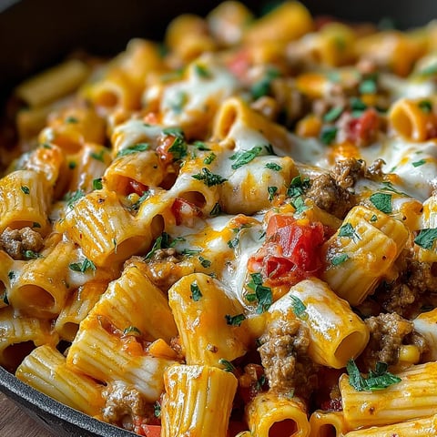 A bowl of pasta with meat and cheese.