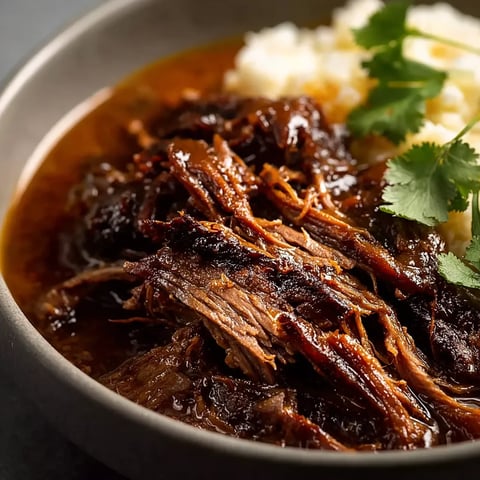 A bowl of beef stew with rice and herbs.