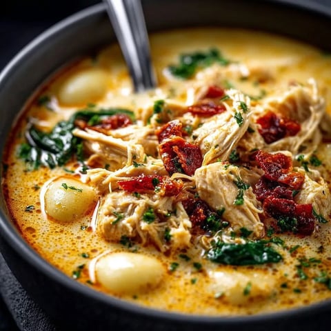 A bowl of soup with chicken and vegetables.