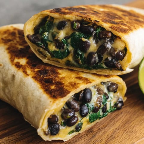 Two wraps with black beans and spinach.