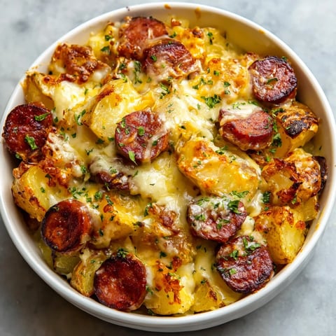 A bowl of food with sausage and potatoes.