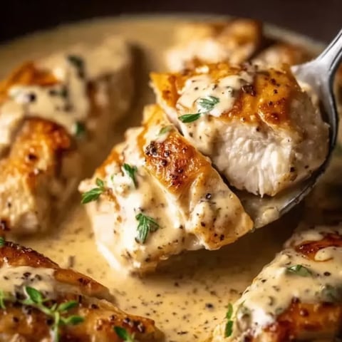 A fork is holding a piece of chicken in a bowl of sauce.