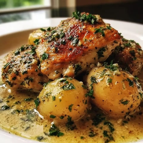 A plate of chicken and potatoes.