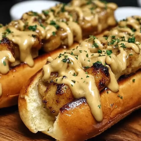 Two hot dogs with sauce on a wooden table.