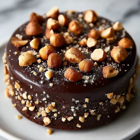 A chocolate cake with nuts on top.