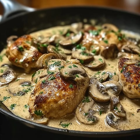 A pan of mushrooms and chicken.