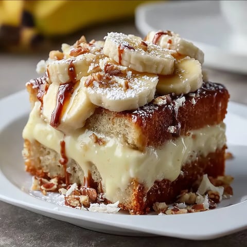 A slice of banana bread with bananas and walnuts on top.