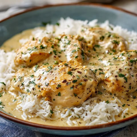 A bowl of rice with chicken and sauce.