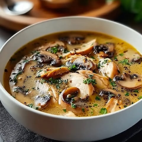 A bowl of soup with mushrooms and chicken.