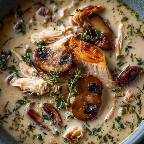 A bowl of soup with mushrooms and herbs.