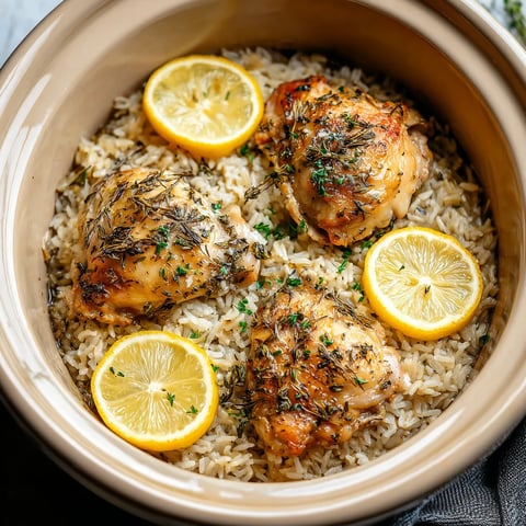 A bowl of rice with chicken and lemon slices.