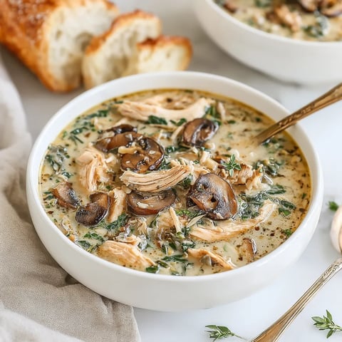 A bowl of soup with mushrooms and chicken.