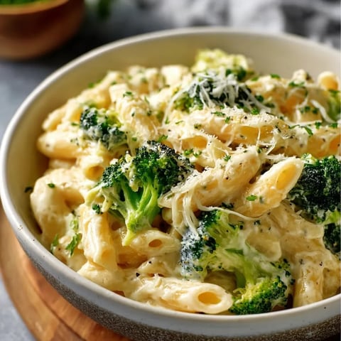 A bowl of pasta with broccoli.