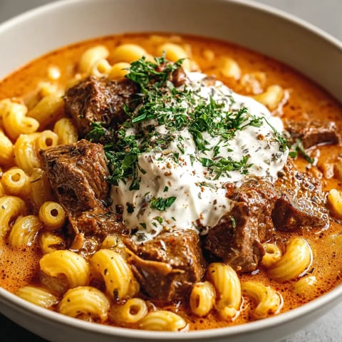 A bowl of pasta with meat and sauce.