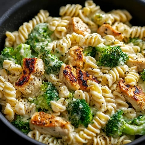 A bowl of pasta with chicken and broccoli.