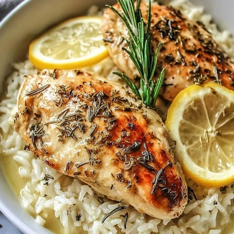 A bowl of rice with chicken and lemon wedges.