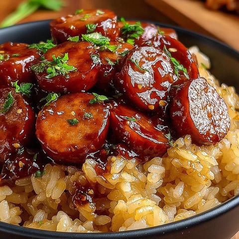 A bowl of rice with sausage and green onions.