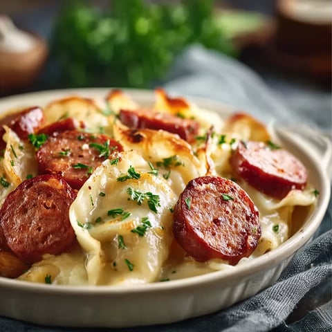 A plate of food with sausage and potatoes.