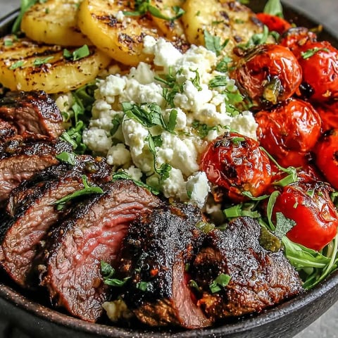 A bowl of food with meat, tomatoes, potatoes, and cheese.