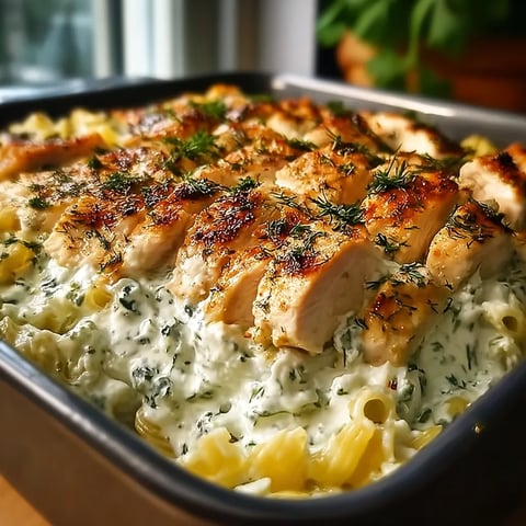 A pan of chicken and noodles.