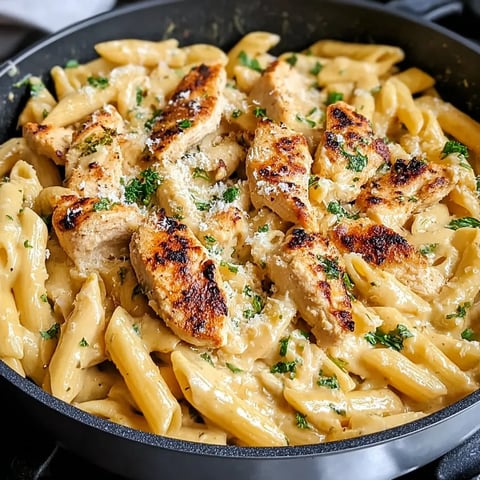 A pan of pasta with chicken and cheese.