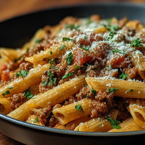 A bowl of pasta with meat and cheese.