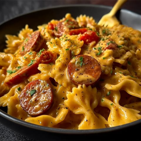 A bowl of pasta with sausage and tomatoes.