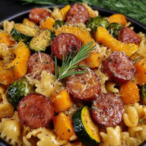 A bowl of pasta with sausage and vegetables.