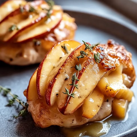 Two pieces of chicken with apples on top.