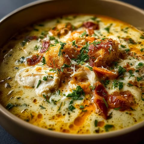 A bowl of soup with chicken and bacon.