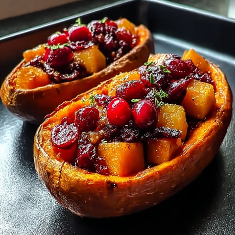 Two sliced pumpkins with cranberries and apples.