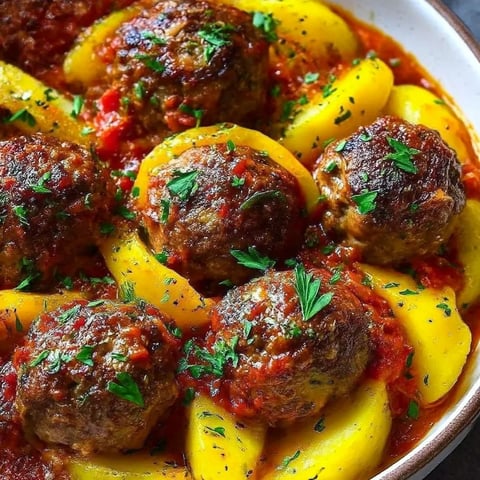 A bowl of meatballs and potatoes.