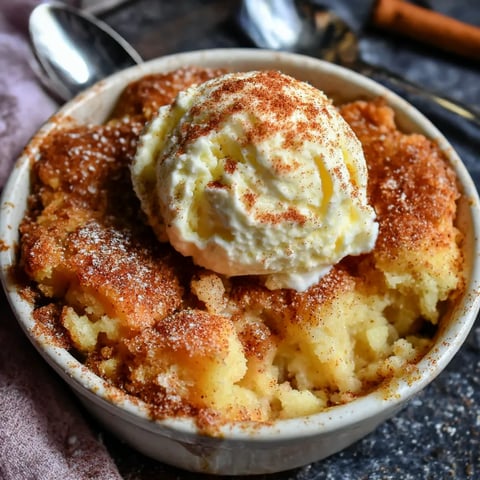 A bowl of cake with a scoop of ice cream on top.