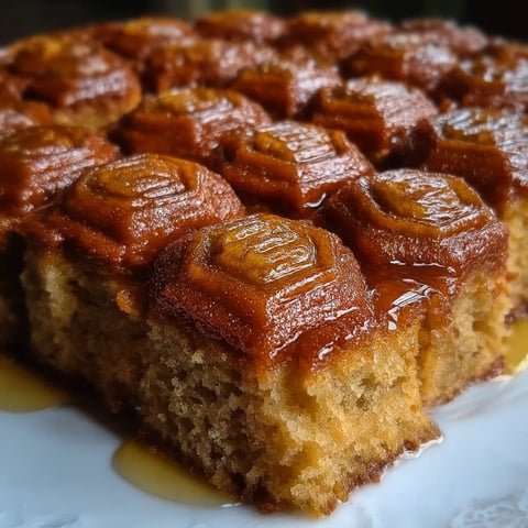 A slice of cake with a drizzle of caramel sauce.