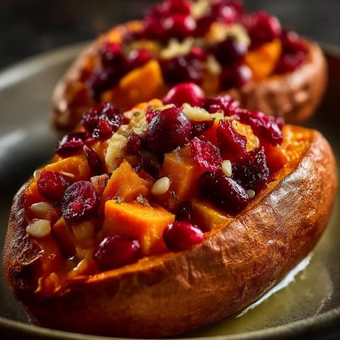 Two sliced sweet potatoes with marshmallows and cranberries.