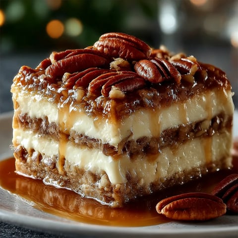 A slice of cheesecake with pecans on top.