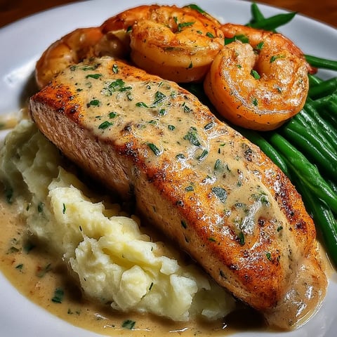 A plate of food with shrimp, potatoes, and a piece of meat.