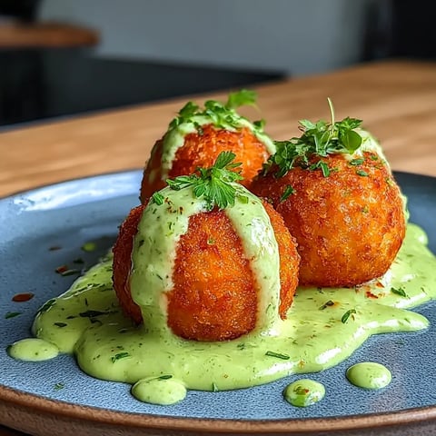 Three cheese balls with sauce on a plate.