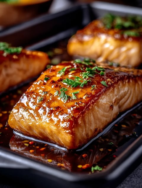 A piece of fish is cooked in a pan with sauce.